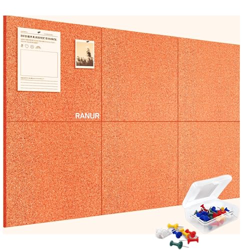 Image of RANUR 6 Pcs Felt Bulletin Board (30x30 cm) Self Adhesive Notice Boards with 50 Pins, Vision Board for Manifestation, Message Board for Notes, Photos, Office & Home Wall Decor (Orange)
