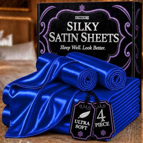 DECOLURE Satin Bed Sheets - 4 Piece Luxury Silky Queen Size Bedding Set - Softer Than Silk, Wrinkle-Free with 15” Deep Pocket Fitted Sheet, Perfect for Hair & Skin, Gifts for Women (Blue)