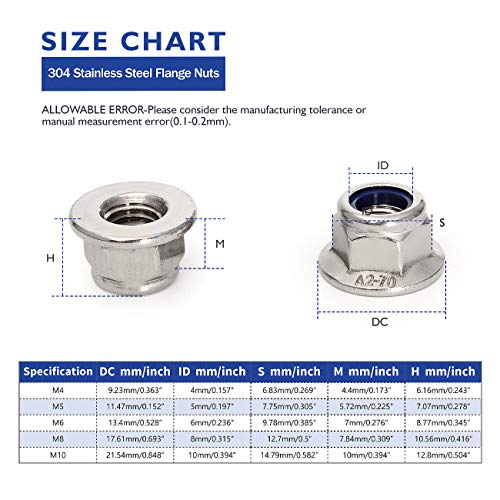 Fsatnde F-74 Flange Nylon Inserted Lock Nuts Assortment Kit,304 Stainless Steel Din985 Flange Locknuts M4-M10,Bright Finish thumb #2