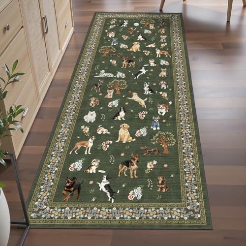 Babovid Dark Green Floral Hallway Runner Rug 2x6