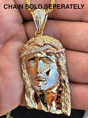 Harlembling Mens Icy Jesus Piece - Solid 925 Sterling Silver - 14K Yellow & Rose Gold Finish - 2" Tall - Fits Any Necklace Up To 8Mm Thick #TOP7