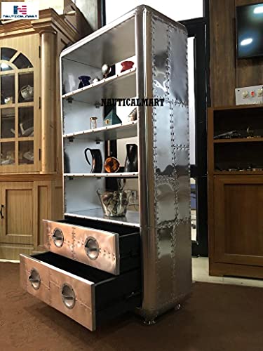 Nauticalmart Art Deco Vintage Flyer Furniture Luxury Designer Aluminum Bookcase With Drawers Vintage Aviator Furniture #TOP4