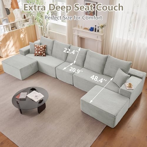 Image of 167.7 inch Sectional Cloud Couch for Living Room, Stupendous U Shaped Sofas, Modular Floor Deep-Seat Sofa, Big Comfy Corduroy Couches Set with Fluffy Memory Foam, No Assembly Required, Grey