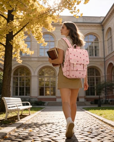 Image of Corduroy Laptop Backpack for Women, Fits 15.6 Inch Computer Bag, College Bookbag Travel Daypack Purse, Work Business Bags - Corduroy Cherry Pink