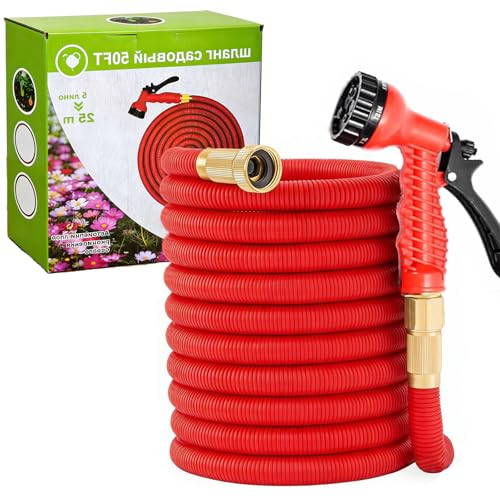 Garden Hose Expandable Flexible Water Hose with 7 Function Spray Nozzle Leak-Proof Fittings and High Pressure - Ideal for Yard Lawn Car Washing & Watering PlantsRed (75FT)