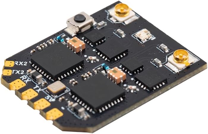 Angled view of the Radiomaster XR4 receiver board showing antenna connectors