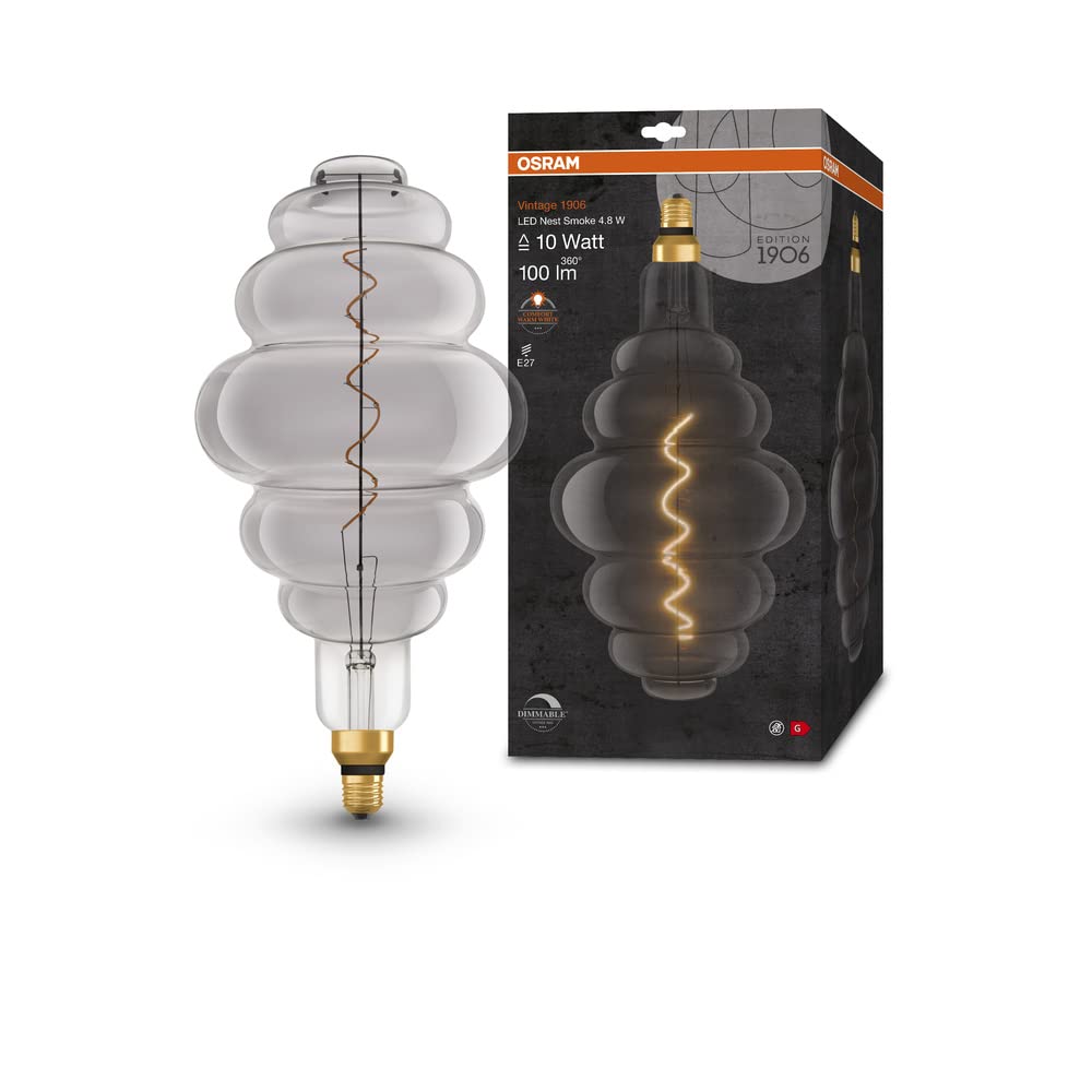 OSRAM Vintage 1906 Smoke Tinted LED lamp, 4.8W, 100lm, Beehive Shape with 200mm Diameter & E27 Base, Warm White Light, dimmable Filament, Life of up to 15,000 Hours