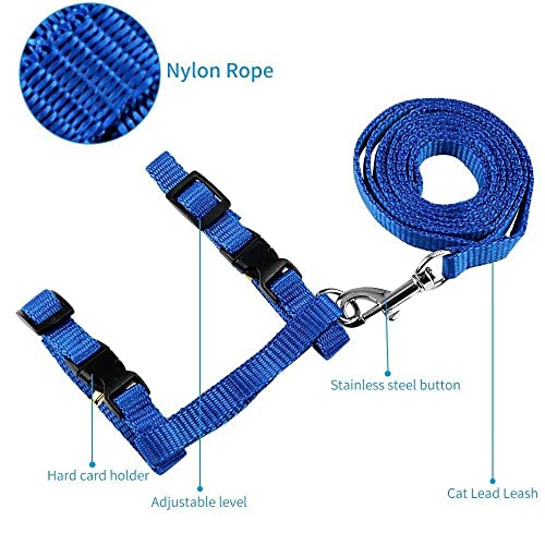 Image of Cat & Small Pet Nylon Strap Collar with Adjustable Walking Harness Leash Pet Walking for Kitten- Plain (Blue)