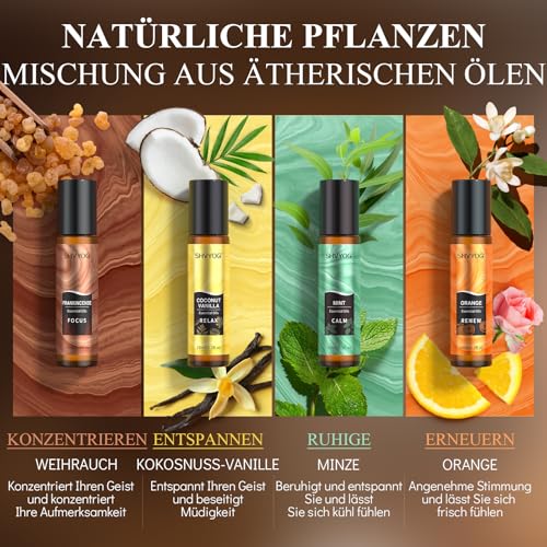 Ätherischen Ölen Roll On Geschenkset 8x10ml, Natürliche Aromatherapie Öle, Lavendel, Teebaum, Bergamotte, Weihrauch, Hilft beim Einschlafen, Stress, Geschenk für Frauen Männer