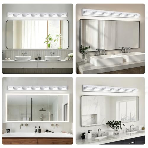 Image of LED Modern Bathroom Vanity Light Fixtures, Dimmable White Vanity Lights for Bathroom Lighting Fixtures Over Mirror, with 360 Rotatable Acrylic Heads 7-Light 48-inch (Cool White 6000K)