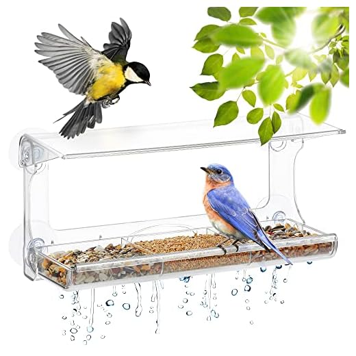 DF OMER Weatherproof Polycarbonat Window Bird Feeder with Strong Suction Cups, Drainage Holes, and 3-Sectioned Removable Tray 11.6x4.3x5.7 in. Bird Watching Gifts for Up-Close, Indoor Bird Watching