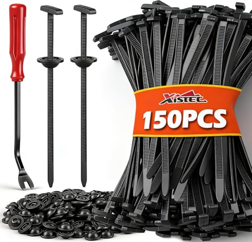 Image of Xislet 150Pcs Nylon Universal Cable Tie Buckle Zip Tie, 150mm Extra Long T-Head Self-Locking Fasteners, Heavy Duty 50lb+ Strength, Umbrella Rivet Clips for Car Bumper Fender Liner, with Remover Tool