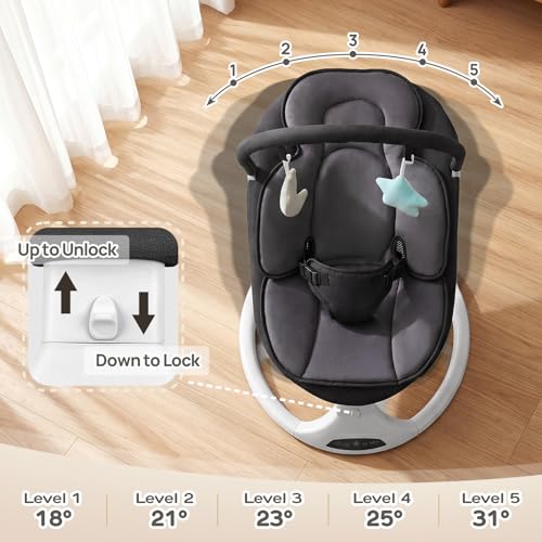 Electric Baby Swing with Remote Control - 5 Natural Motion Speeds, Detachable Seat Pad | Portable Infant Swing for Indoor/Outdoor Use (0-6M, 20lbs) (Black)