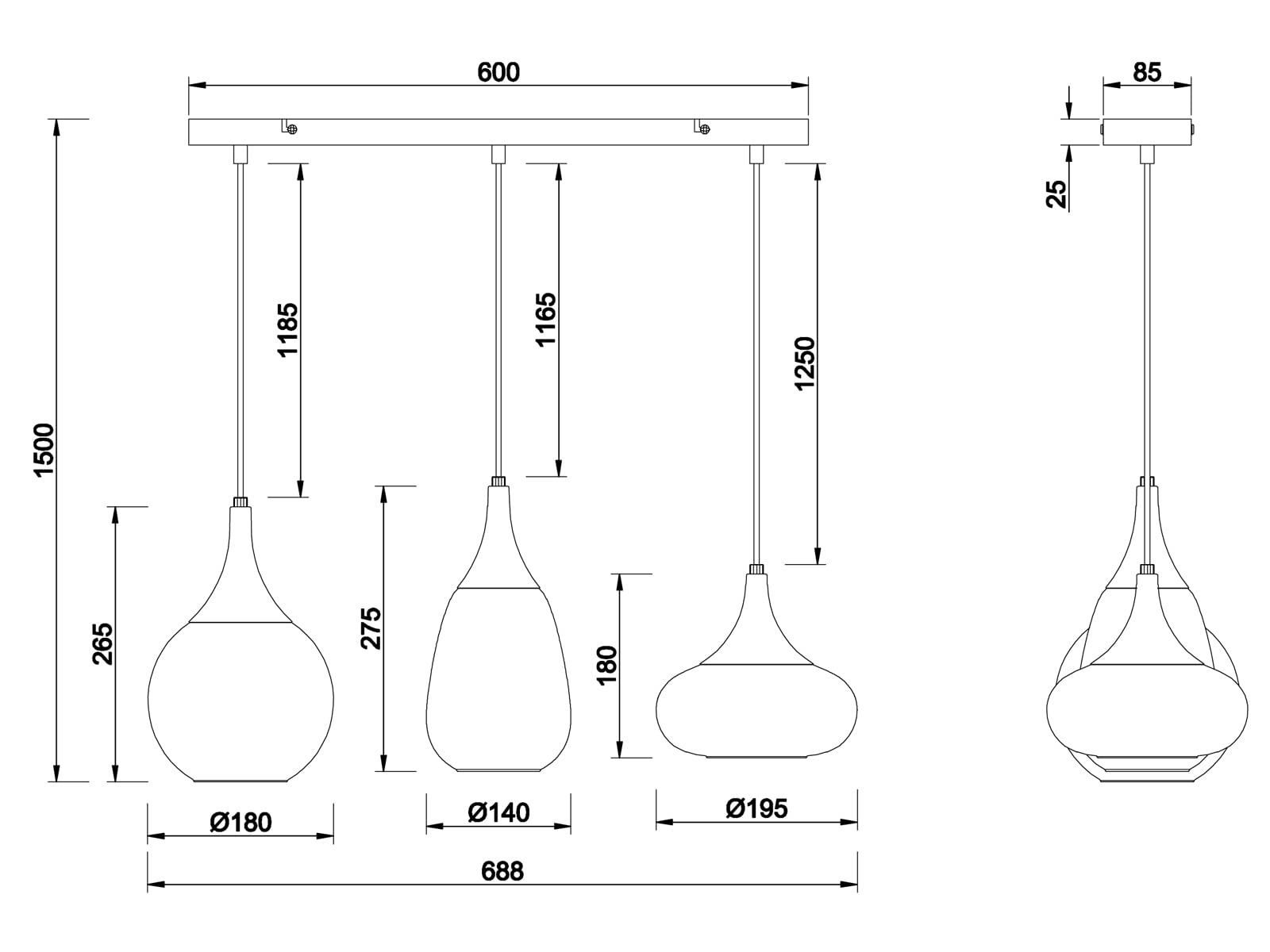 meineWunschleuchte Lampada a sospensione a LED a 3 luci, in vetro cromato, a specchio, effetto vetro fumé