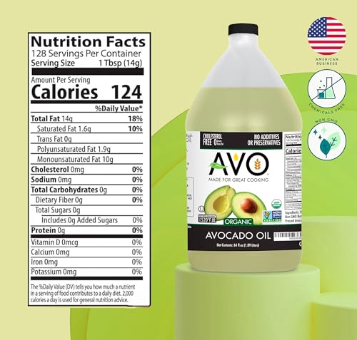 AVO ORGANIC 100% AVOCADO Oil Frying, Baking, Non-stick Sautéing, Salads, Vinaigrette, Marinades, Pan Coating, General Cooking 64 Fl-oz (Half a Gallon), NO preservatives added, Naturally Processed - Thumbnail 2