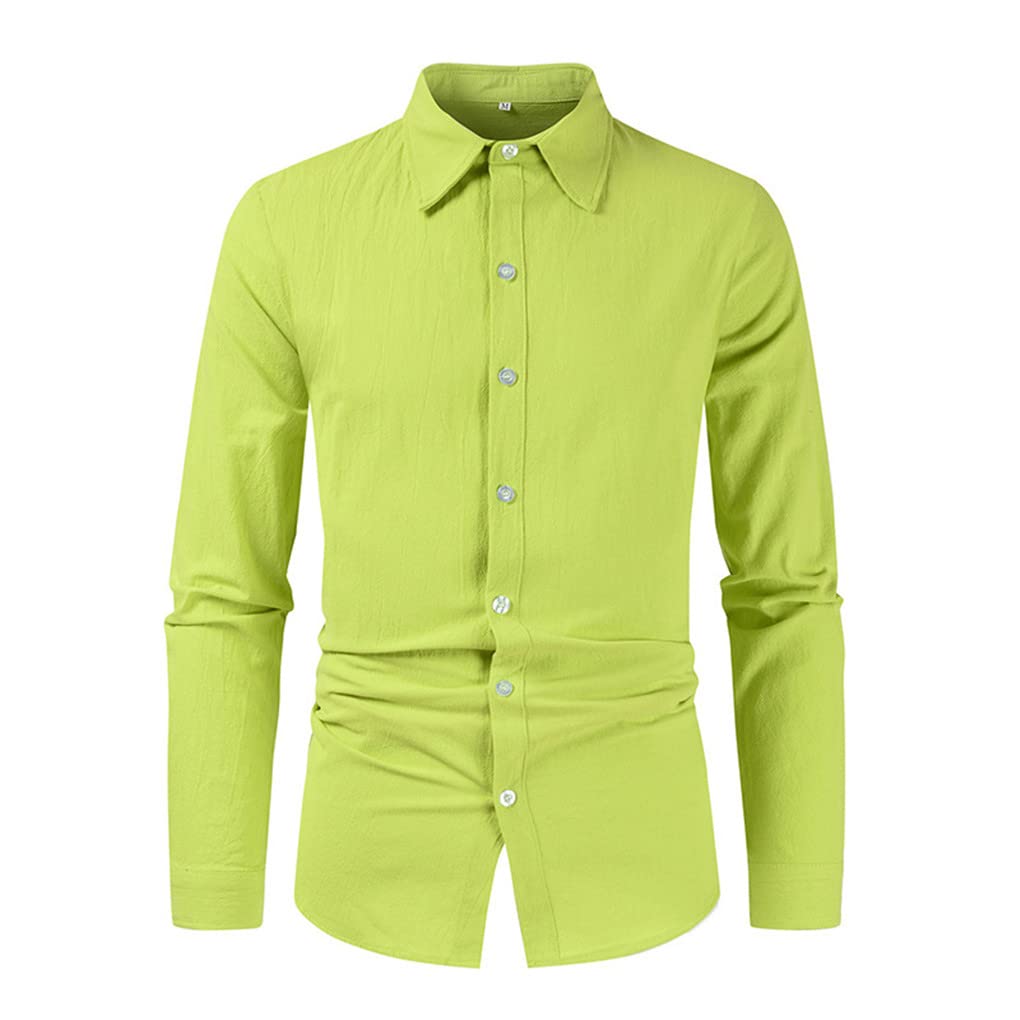 Dninmim Chemise décontractée à manches longues en coton et lin pour homme Jaune, bleu marine, XXL