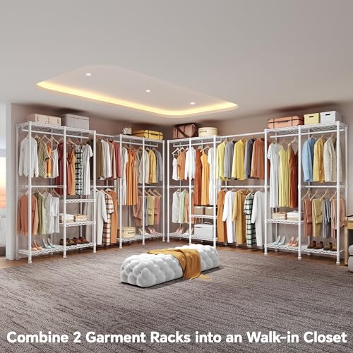 H5 Pro Heavy Duty Clothes Rack Wardrobe Closet for Hanging Clothes, Freestanding Garment Rack with Expandable Hanger Rods, Closet Organizer and Storage, (97.7-115.4")L x 15.7"W x 75.4"H, White