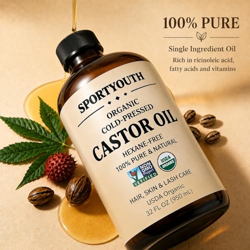Image of SPORTYOUTH Organic Castor Oil Cold Pressed 32oz Glass Bottle Big Volume | USDA Organic, Hexane Free, 100% Pure Natural, Non-GMO, Unrefined, Vegan Body Oil for Hair, Skin, Lash, Brow, Face, Massage