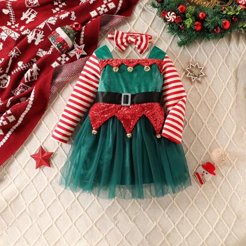 Toddler Little Girl Christmas Outfits Striped Long Sleeve Velvet Dress Jingle Bells Tulle Mesh Dress with Headband2