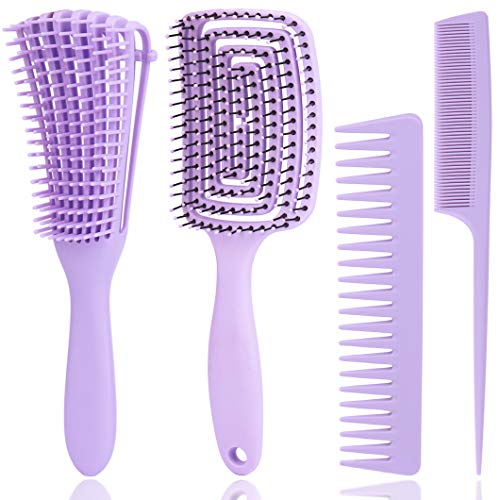 4 Pcs Hair Brush Comb Set -Detangling Brush Massage Brush Wide Tooth Comb Tail Comb Detangler for Afro American 3a to 4c Curly Natural Hair, Great On Long Thick Wet or Dry Hair (Purple)