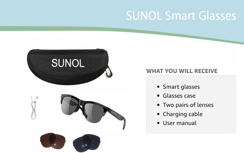 Diagram showing touch control functions on the SUNOL F06 Smart Glasses. Functions include Play/pause, Turn it off, Turn it on, Incoming call management, and Switch songs.