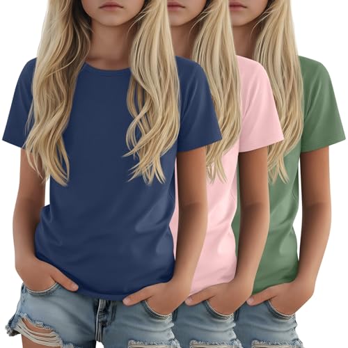 LessonZoo 3 Pack Girls Shirts Plain Short Sleeve Tops Teens Youth Summer Tshirts Crewneck Loose Fit Casual Basic Tees(Apple Green Light Pink Blue 11-12 Years)