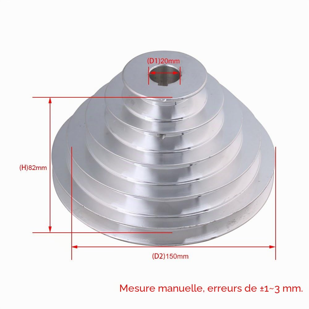 54 mm à 150 mm de diamètre extérieur - 20 mm d'alésage - Largeur d'alésage de 12,7 mm - En aluminium - Poulie pagode à 5 étapes pour courroie de distribution de type A