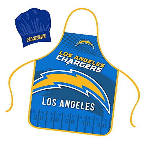 Mojo Licensing Los Angeles Chargers Apron Chef Hat Set Full Color Universal Size Tie Back Grilling Tailgate BBQ Cooking Host