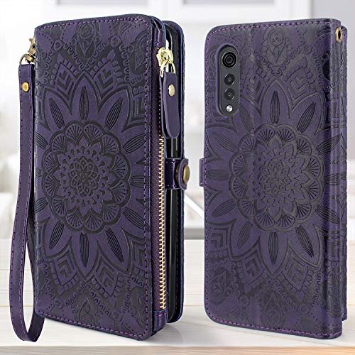 Harryshell [10 Card Slots] With [Block Theft Card Scanning] Function, Pu Leather Flip Wallet Case Cover With Zipper Pocket Wrist Strap Kickstand For Lg Velvet 5G (Floral Purple) #TOP1