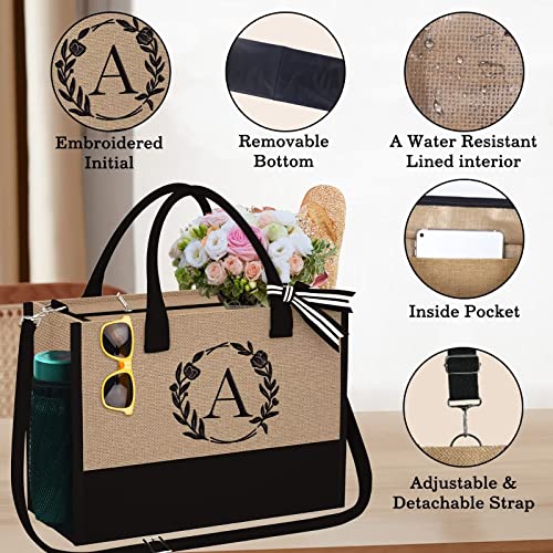 YOOLIFE-Christmas-Gifts-for-Women-Gifts-for-Women-Initial-Tote-Bag-with-Zipper-Birthday-Gifts-for-Women-Teacher-Appreciation-Gifts-M-Letter-Jute-Tote-Bag-Gifts-for-Women-Mom-Teacher-Friend-Female
