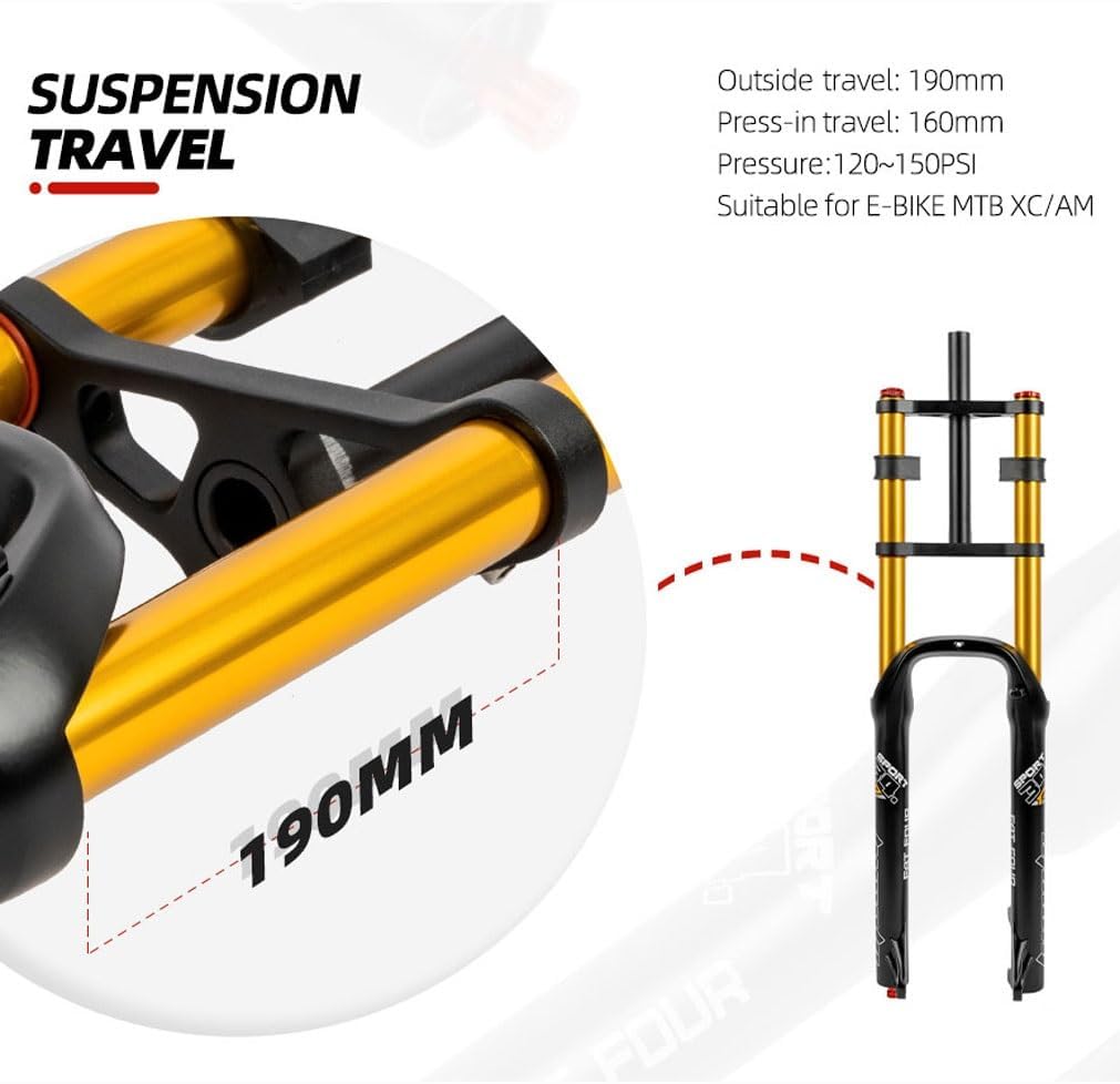 26'' Bike Fat Fork Downhill Bike Air Suspension Fork Travel 160mm Straight Double Shoulder Fork Rebound Adjustable Manual Lock QR 9x135mm,max for 4.0'' Tire(Black)