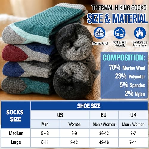 Image of MOGGEI 5 Pairs Merino Wool Hiking Socks Warm Thermal Winter Cozy Cushioned Moisture Wicking Socks for Women & Men