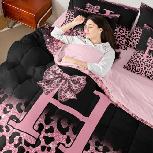 Image of Feelyou Pink Leopard Bow Comforter Set with Sheets 7 Piece Queen Size Initial Letter H Bedding Set for Kids Boys Girls Girly Bowknot Bed in a Bag Room Decor Soft Lightweight Microfiber