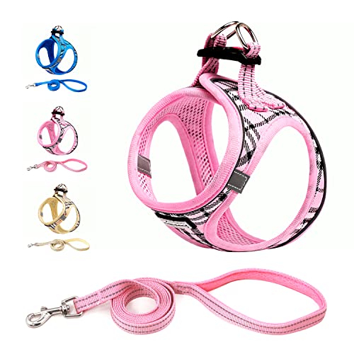 Suredoo Dog Harness and Lead Set, Step-in Breathable Reflective Puppy Cat Dog Vest Harnesses for Small Dogs (XL, Pink Plaid