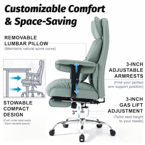 Image of Efomao Executive Office Chair 400lbs,Green Big and Tall Desk Chair | Mattress-grade pocket spring cushion, sleek leather, 135 recline & footrest for computer gaming setup.