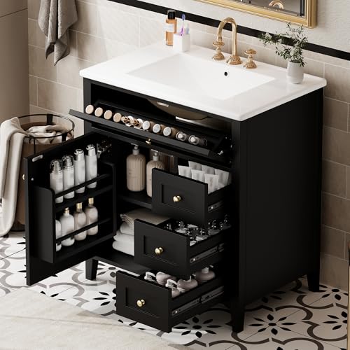 Image of 30 inch Bathroom Vanities with Top Set, Cabinet with Right-Side Multi-Functional Tip-Out Drawer and Adjustable Shelf, Soft-Closing Door, Solid Wood Legs, Black