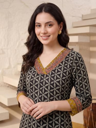 Image of INDO ERA Women's Pure Cotton Abstract Printed Mirror Work Kurta & Pant with Dupatta Set (IEAI13205)|Cotton Suits For Women With Dupatta
