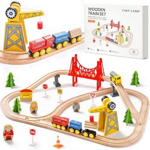 Tiny Land 55PCS Wooden Train Set - Compatible with Major Brand Tracks, Educational Toy for Toddlers & Kids Ages 3-7, Durable Wooden Railway Tracks