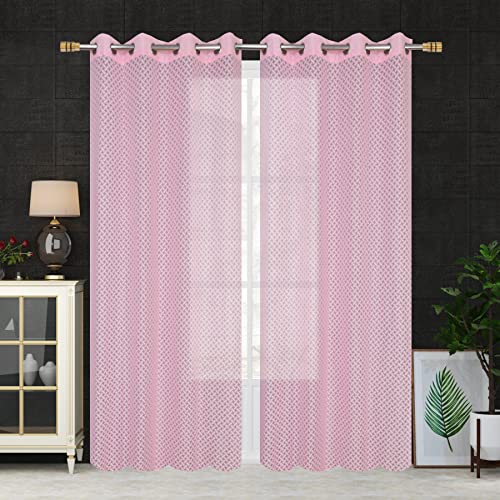 Image of Sheer Net Semi Transparent Home Decor Curtains for Living Room, Balcony Doors and Windows Panel, Parda, Eyelets Hanging, Pink Criss-Cross, 4 x 6 Feet, Pack of 2