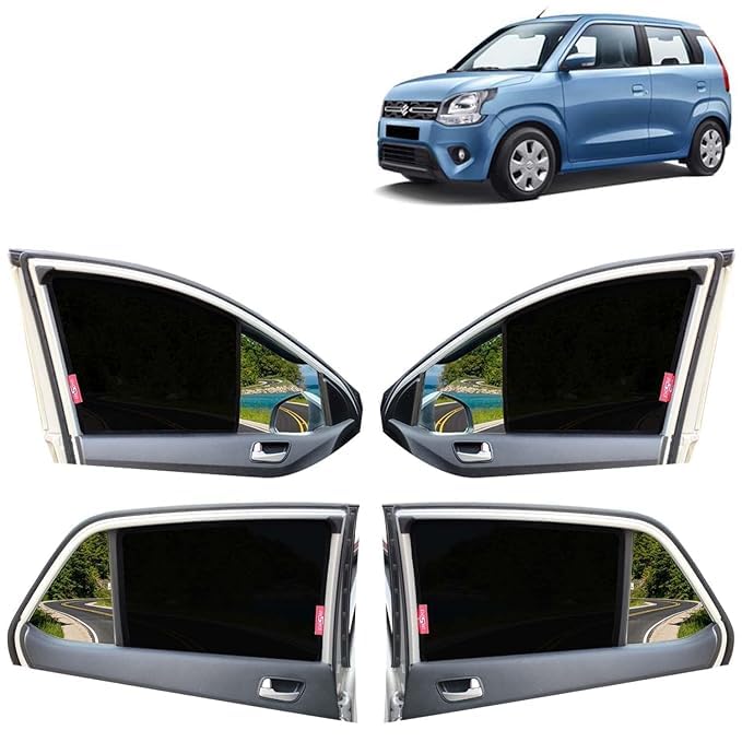 Image of Alex Traders Car Side Window Curtain Sun Shades Non Magnetic Compatible with Maruti Suzuki Wagon R Year 2019 Onwards All Model, Half Cut in Front Window, Cotton Mesh, Complete Set of 4 Pieces.