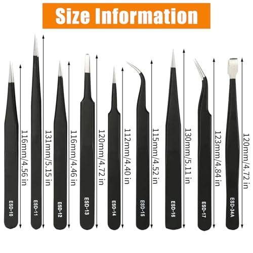 9 Piece Precision ESD Anti-Static Tweezers Set, Stainless Steel Non-Magnetic Tweezers with Storage Bag - Image 2