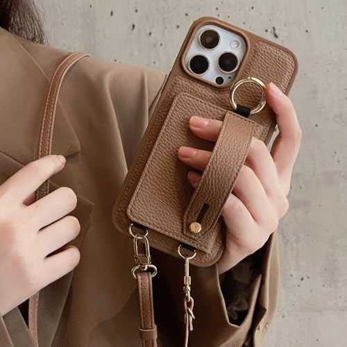 Étui portefeuille iPhone 14 en cuir marron avec porte-cartes et bandoulière