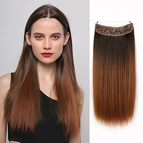 HAIRCUBE Halo Hair Extensions Invisible Straight Hairpieces Adjustable Size Headband Transparent Wire No Clips 20 Inch Ombre Dark Brown