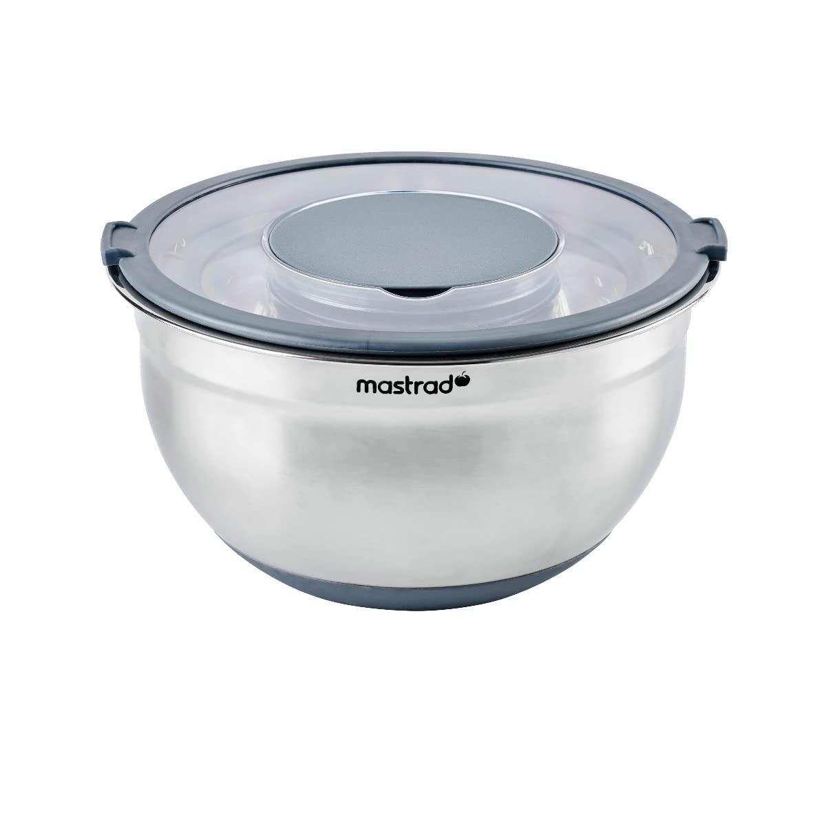 mastrad F29463 Bol INOX ø 20 cm + Couvercle Transparent-​Récipient Gradué-​Base Antidérapante en Silicone-​Idéal pour la Préparation, Le Service et la Conservation des Aliments-​3L-​Gris