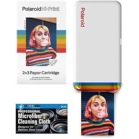 The Imaging World Polaroid Hi-Print - Bluetooth Connected 2x3 Pocket Phone Photo Printer with Polaroid Hi·Print 2x3 Paper Cartridge (20 Sheets) and Microfiber Cloth Cover