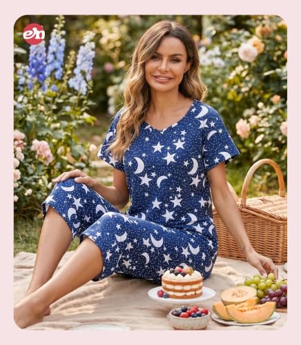 Image of ENJOYNIGHT Womens Pajama Sets Cotton Pj Set Short Sleeve Top With Capri Pants Sleepwear 2 Piece Lounge Set