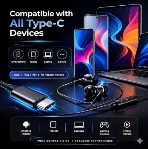 Image of Type C Wired Earphone, Deep Blue, Magnetic, with Premium Pouch, 120 cm Wire, Gaming, Compatible with All Smart Phones, Android, iPhone, iPhone 17,16, SAMSUNGS-26,25 (DEEP Blue)