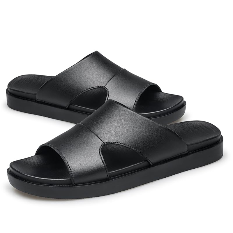 Men Black Leather Slide Sandals Slip On Casual Slippers Summer Shoes Anti-skid Wear Resistant Retro Style4