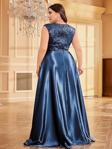 Image of Plus Size Satin Mother of the Bride Formal Gown for Wedding Sleeveless V-Neck Evening Dress