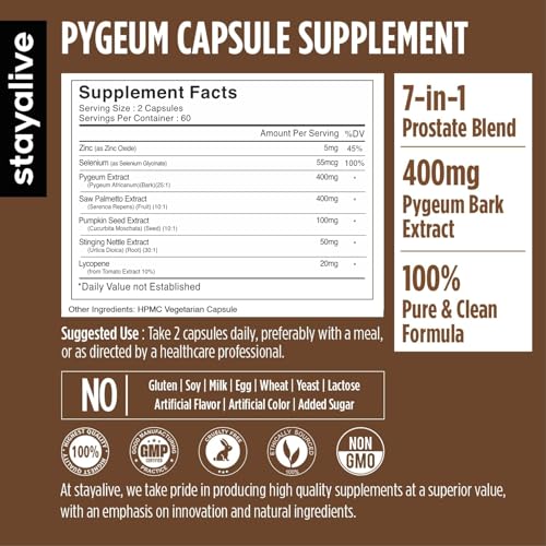Image of STAY ALIVE Pygeum Africanum Supplement, 7-in-1 Extract w /Saw Palmetto, Pumpkin Seed, Stinging Nettle and Lycopene, 120 Vegan Capsules, Non-GMO and Gluten-Free Pygeum Supplement for Men and Women